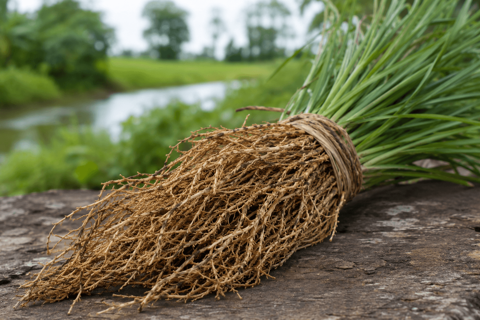 Bundle of green grass with long brown roots tied together on a weathered wooden surface.